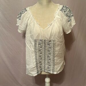 White/navy cotton embroidered peasant blouse